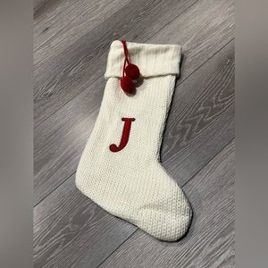 Large “J” Knit monogram Christmas stocking in white.